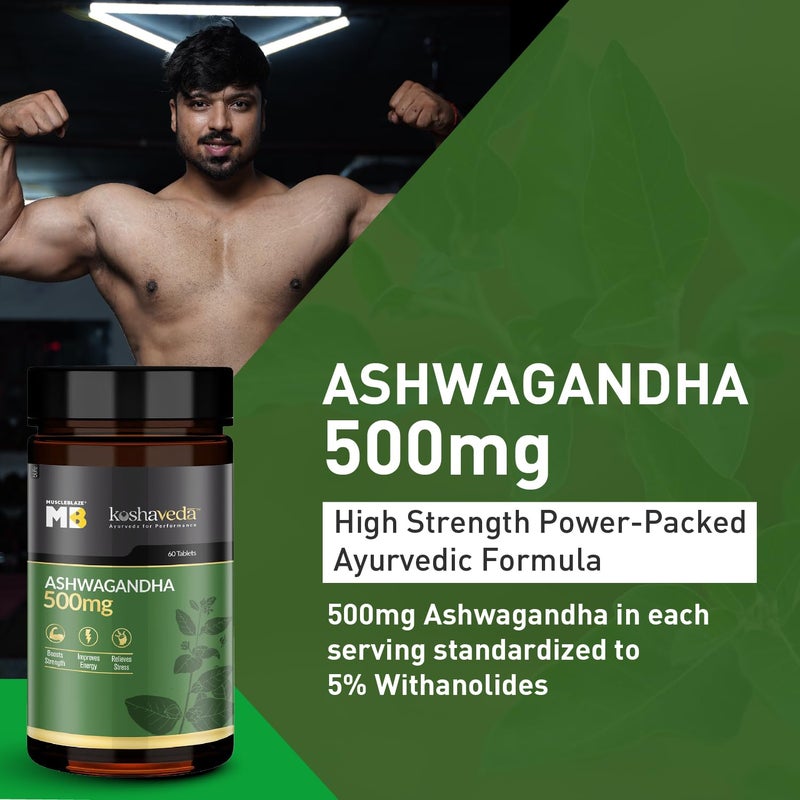 MuscleBlaze Koshaveda Ashwagandha 500mg, Ayurveda for Performance, Ayush Approved, High Strength Potent Formula, Boost Muscle Mass & Strength, Enhance Immunity, 60 Tablets Each (Pack of 2) - Image 5